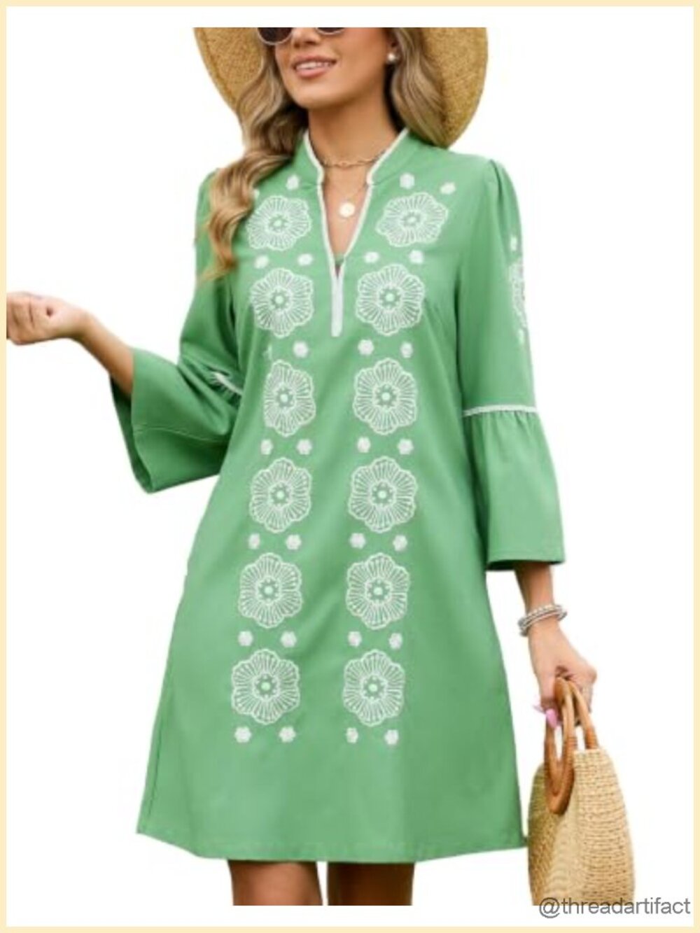 Embroidered Lace Floral Tunic Dress 3/4 Puff Sleeve V Neck Mini Dress with